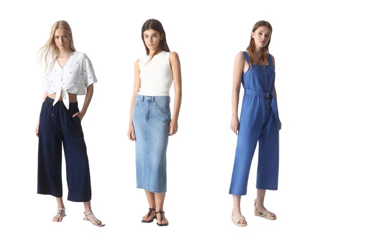 CAMISA DE MANGA CORTA CON BORDADA 14,99 €, FALDA LARGA VAQUERA 19,99 € Y PETO CON CINTURÓN 19,99 €